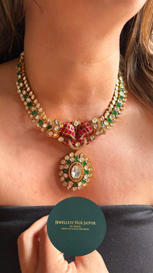 Gajj inspired ruby & emerald doublet with peeli polki collar Necklace