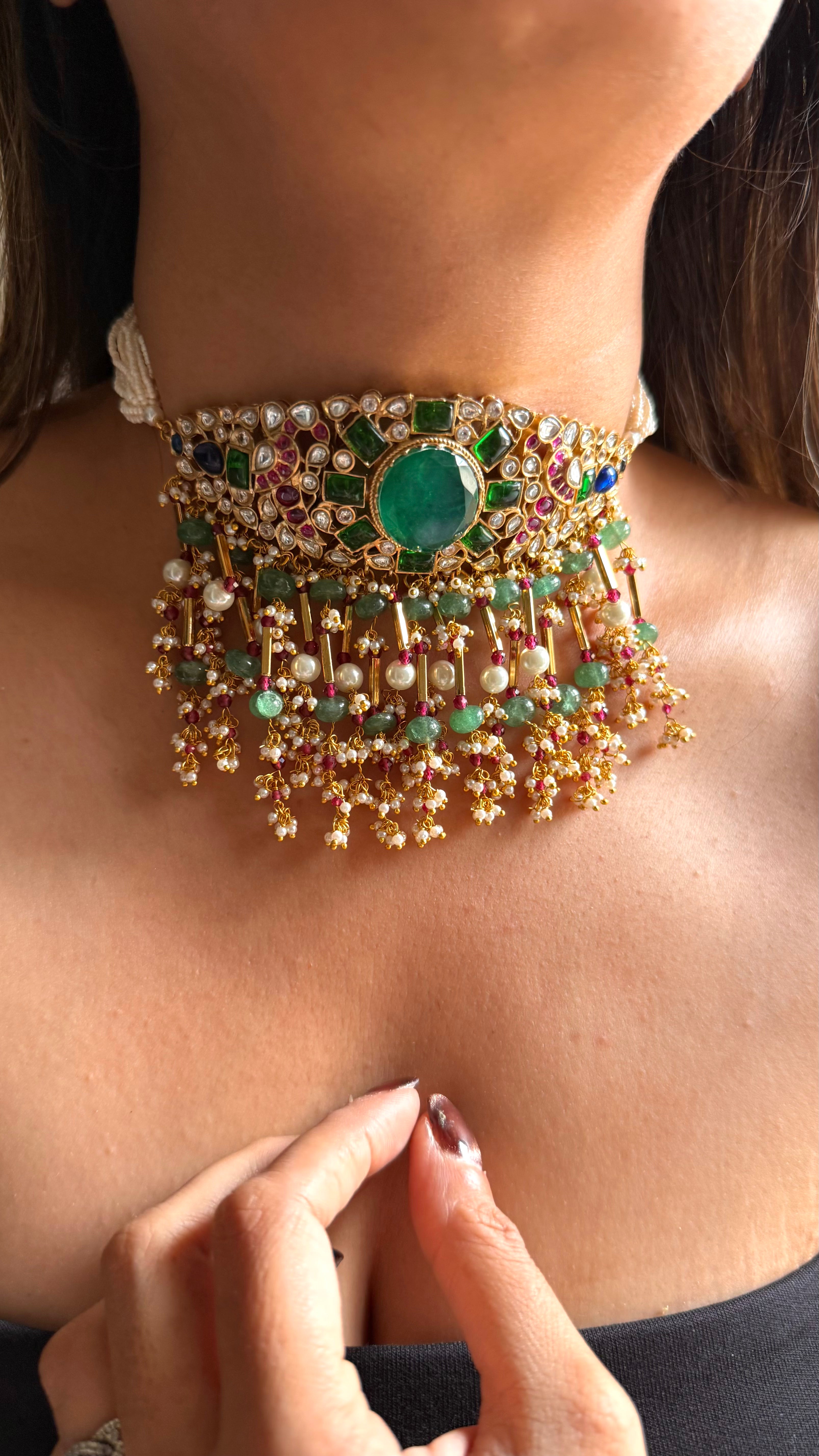 Emerald doublet & rani pink, sapphire moissanite choker