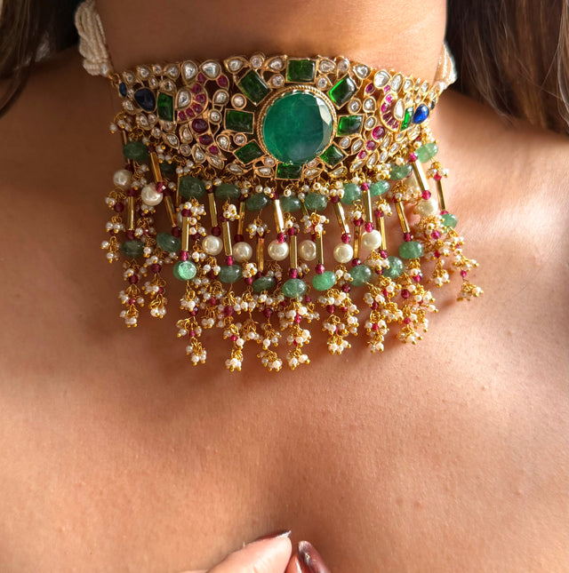 Emerald doublet & rani pink, sapphire moissanite choker
