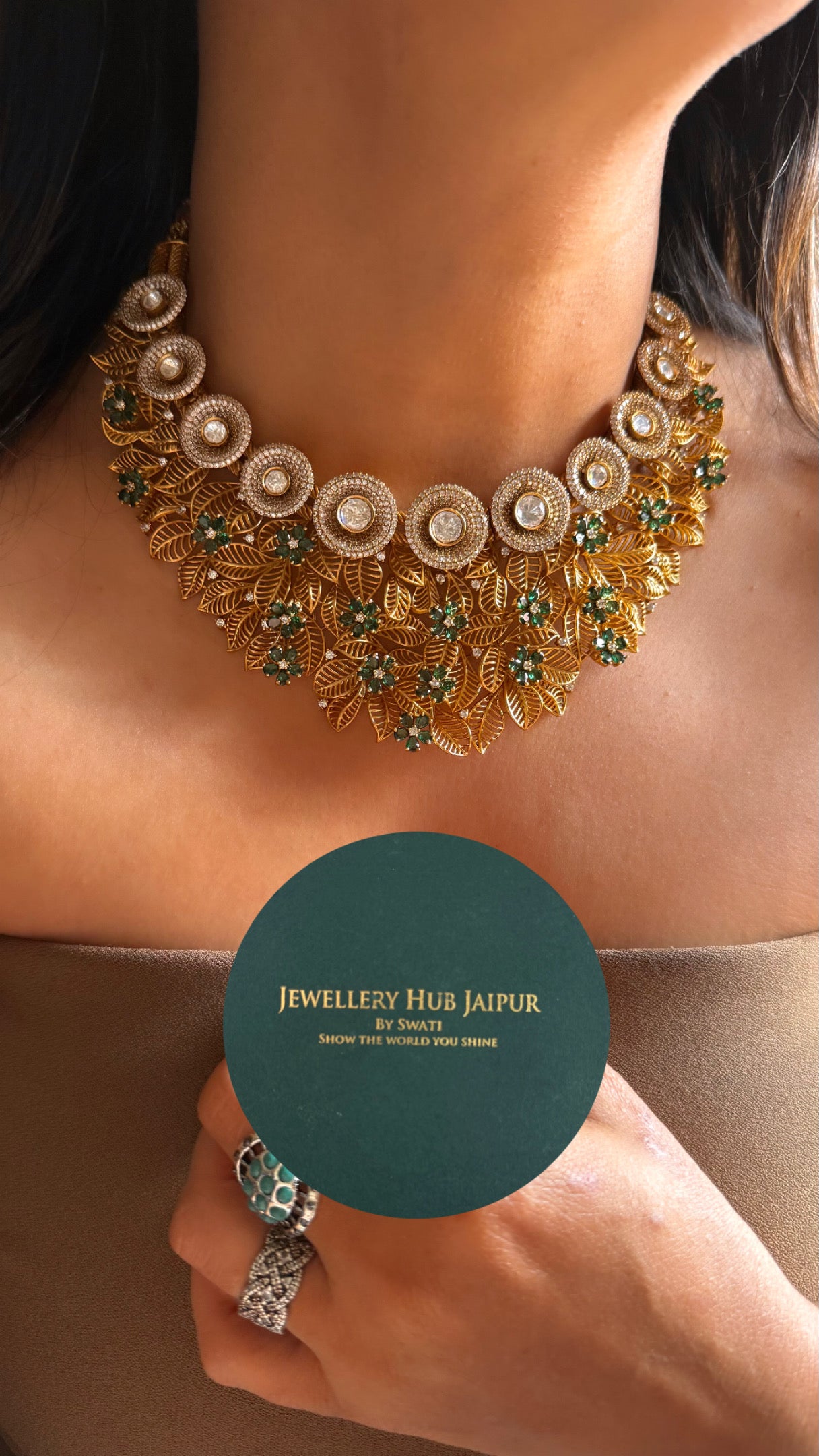 Emerald with gold polish leaf designer collar necklace