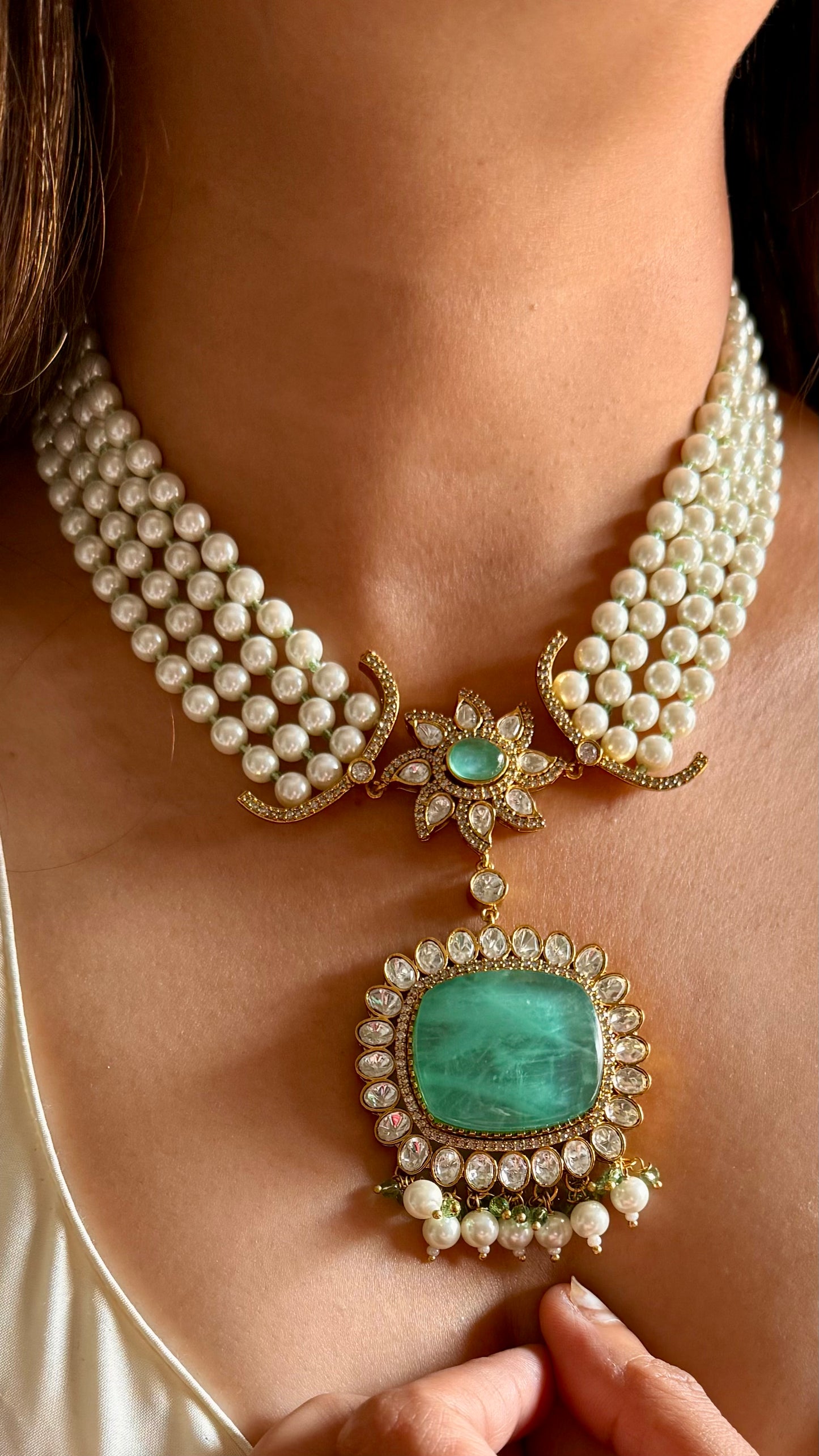 Mint Moissanite pearl necklace