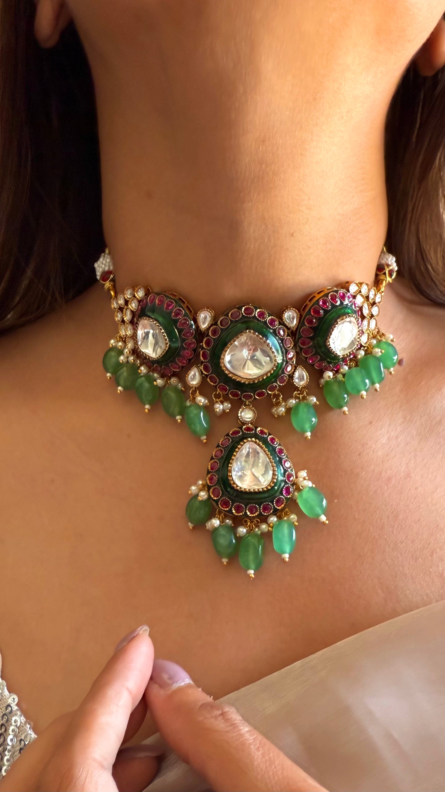 Ruby & Emerald mint polki choker necklace with jhumkas