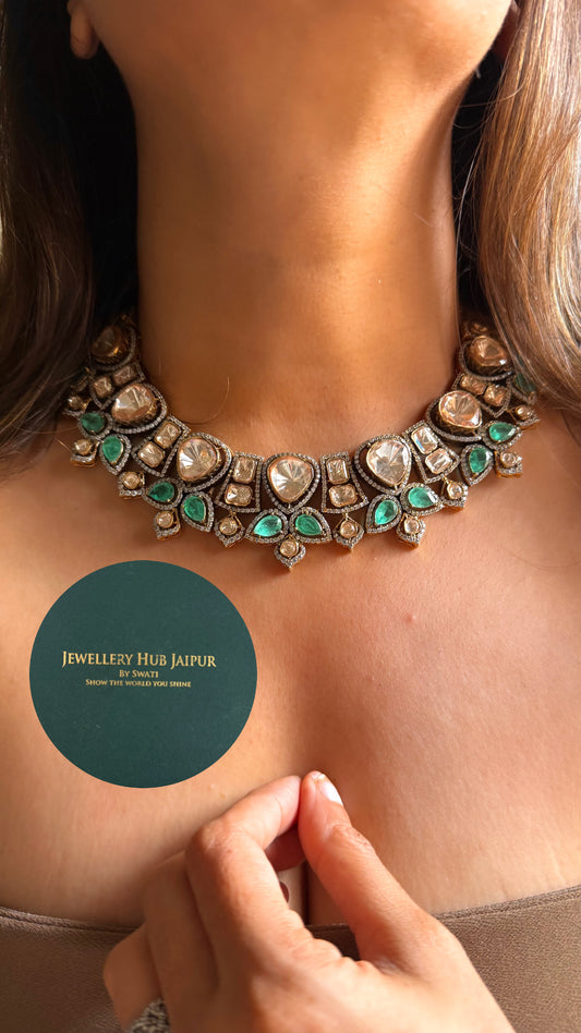 Real uncut moissanite polki Mint petal designer collar set