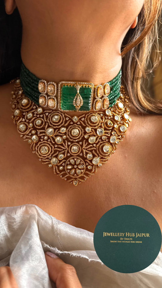 Emerald with pearl detailing real Moissanite polki combo Necklace