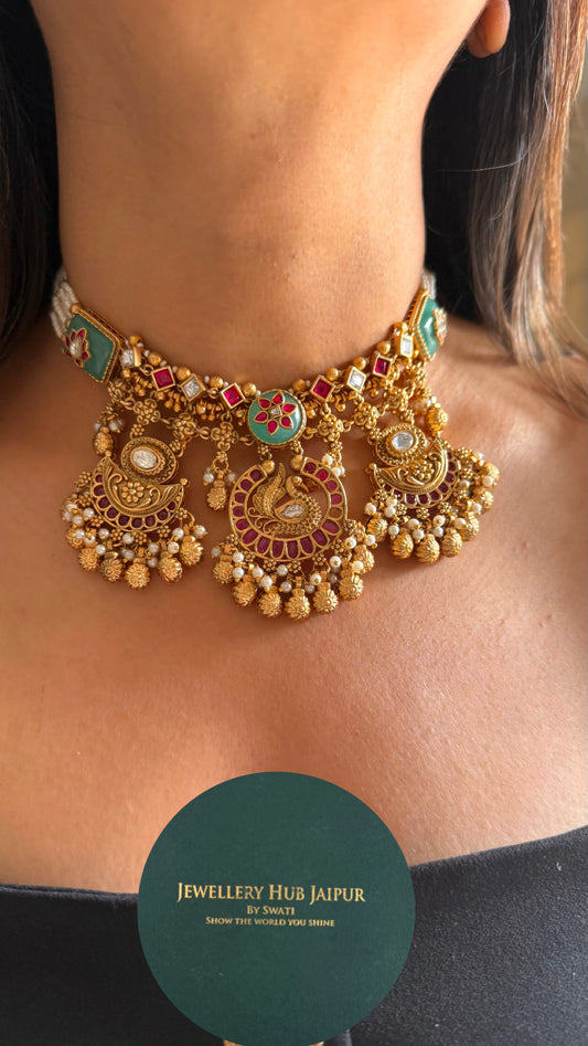 Mint rani pink floral inlay heritage necklace