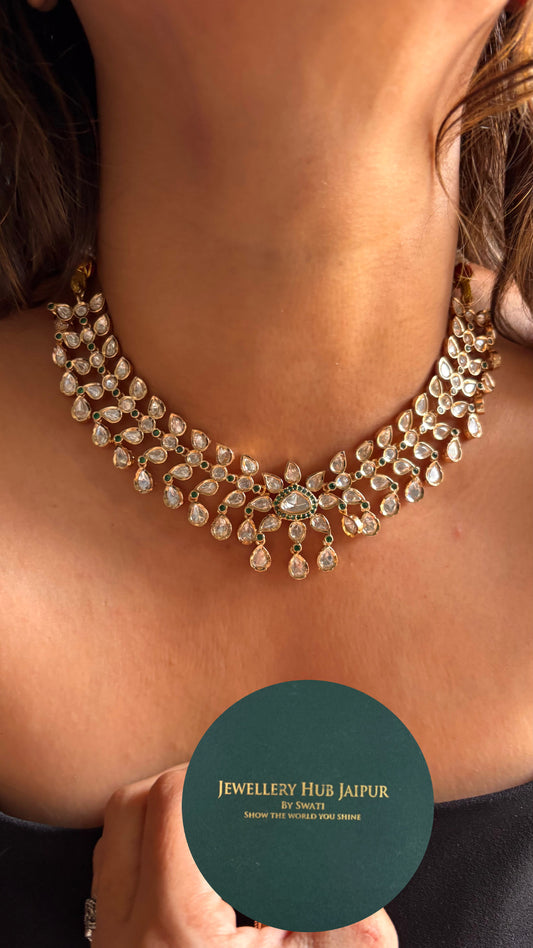Moissanite Polki emerald collar necklace with earrings