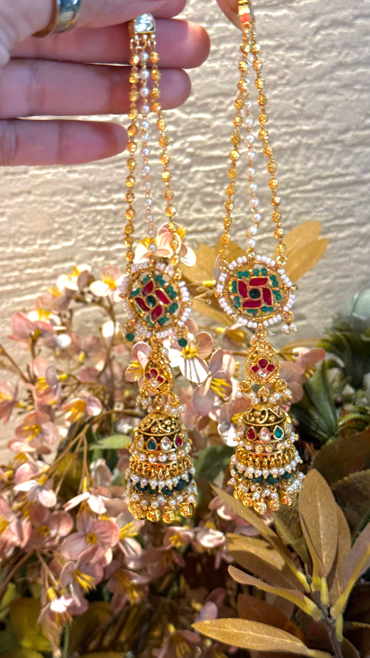 Handmade Swastik jhumki with triple line earchain