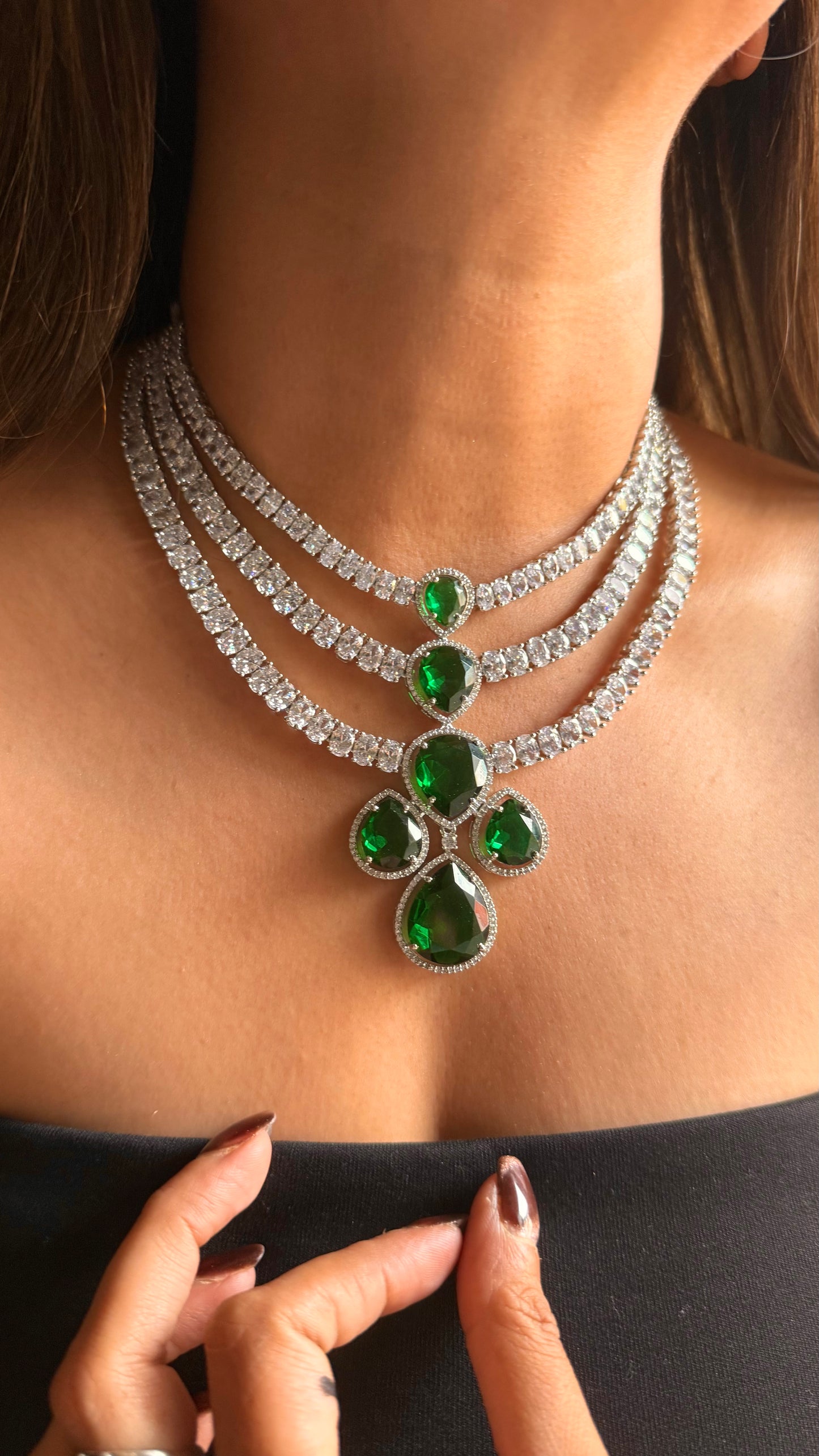 Emerald triple layer cz diamond necklace