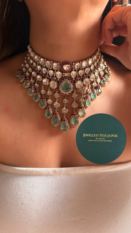 Vintage Mint doublet & rani pink moissanite uncut polki bridal choker set