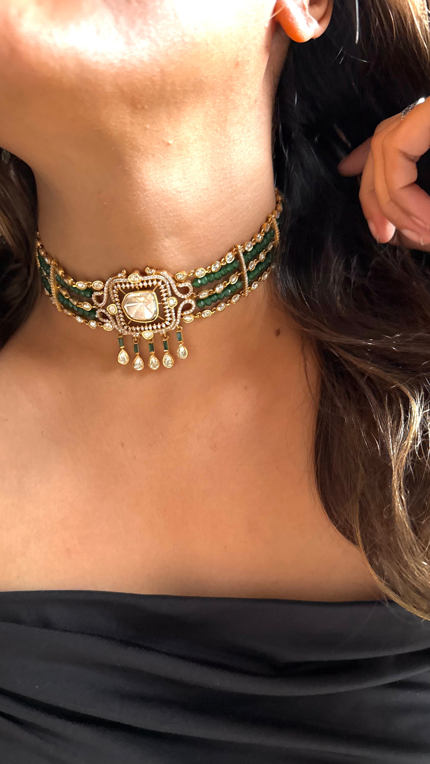 Emerald & Moissanite Uncut LV Polki choker