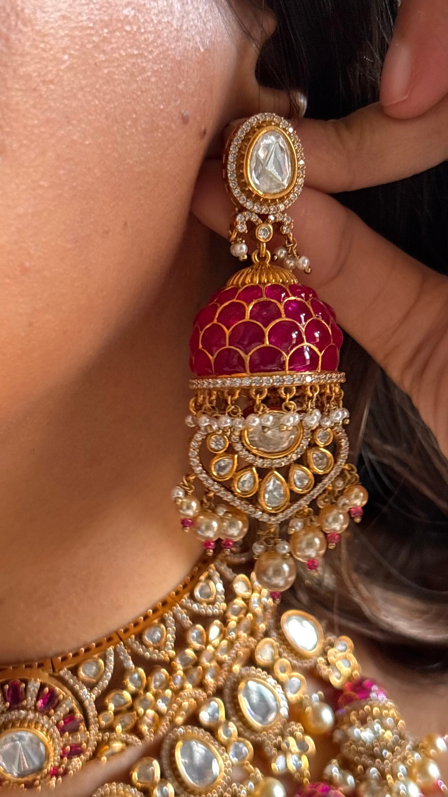 Bridal Asia rani pink with jhumki pattern choker Necklace