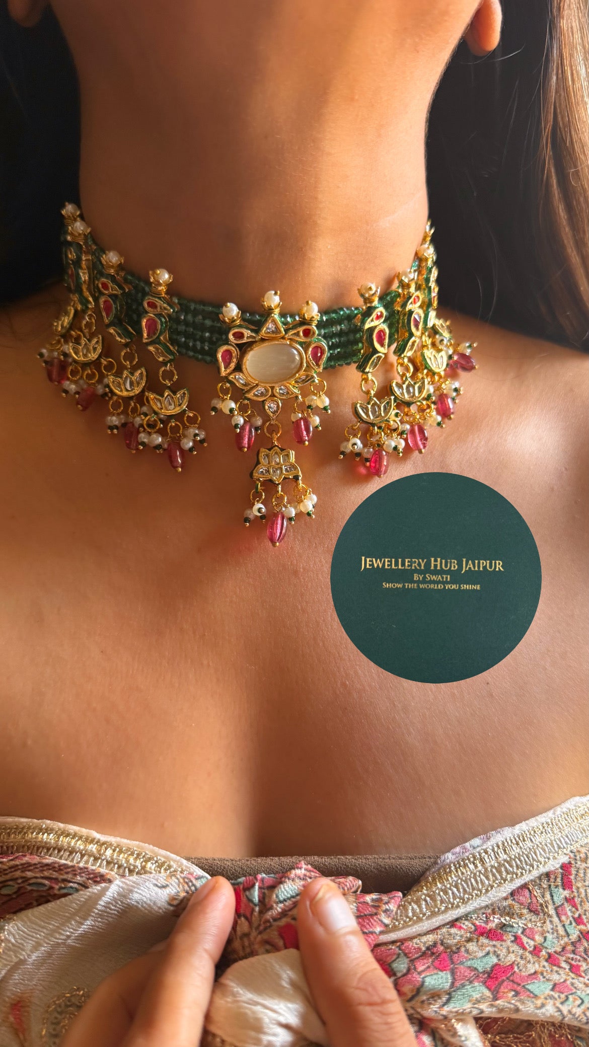 Rani pink & emerald meenakari paachi with rani pink drops paachi choker set (made on order in 10 days)
