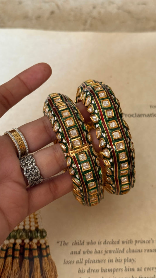 Emerald & ruby meenakari polki openable bangle
