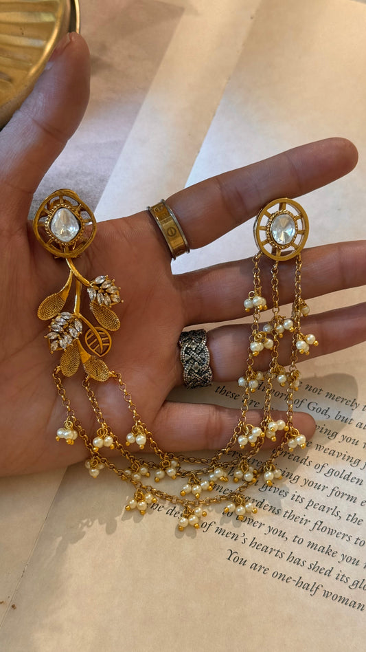 Polki studs with attached earchain with leaf detailing