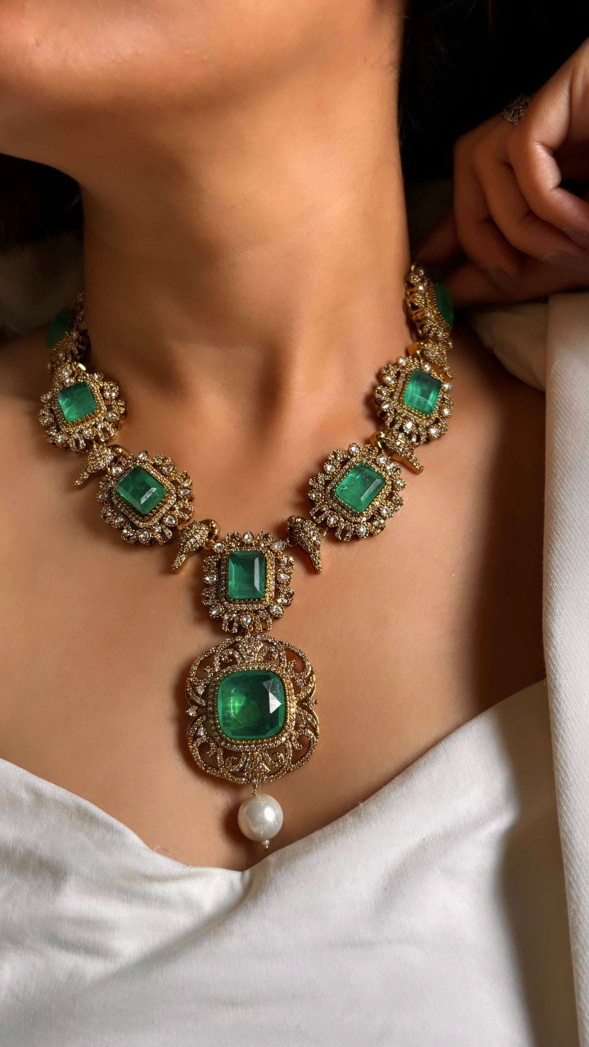 Emerald mint victorian Moissanite necklace