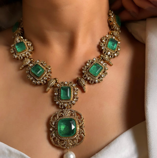 Emerald mint victorian Moissanite necklace