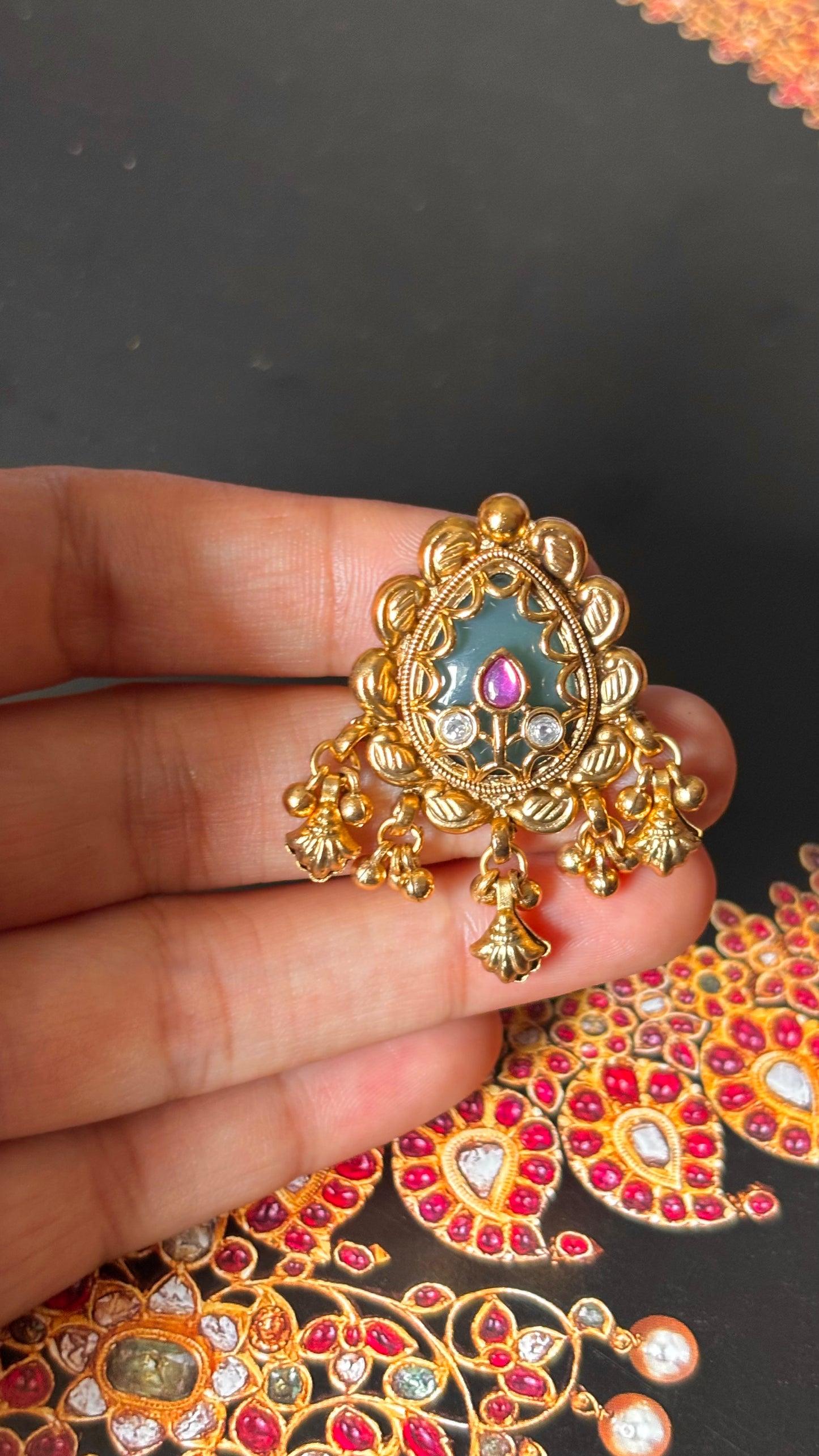 Mint inlay with gungroo drops rajwada adjustable Ring