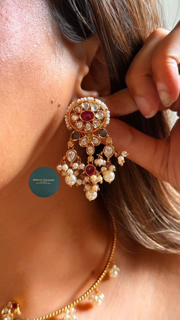 Ruby moissanite floral peacock design hasli with pearl drops