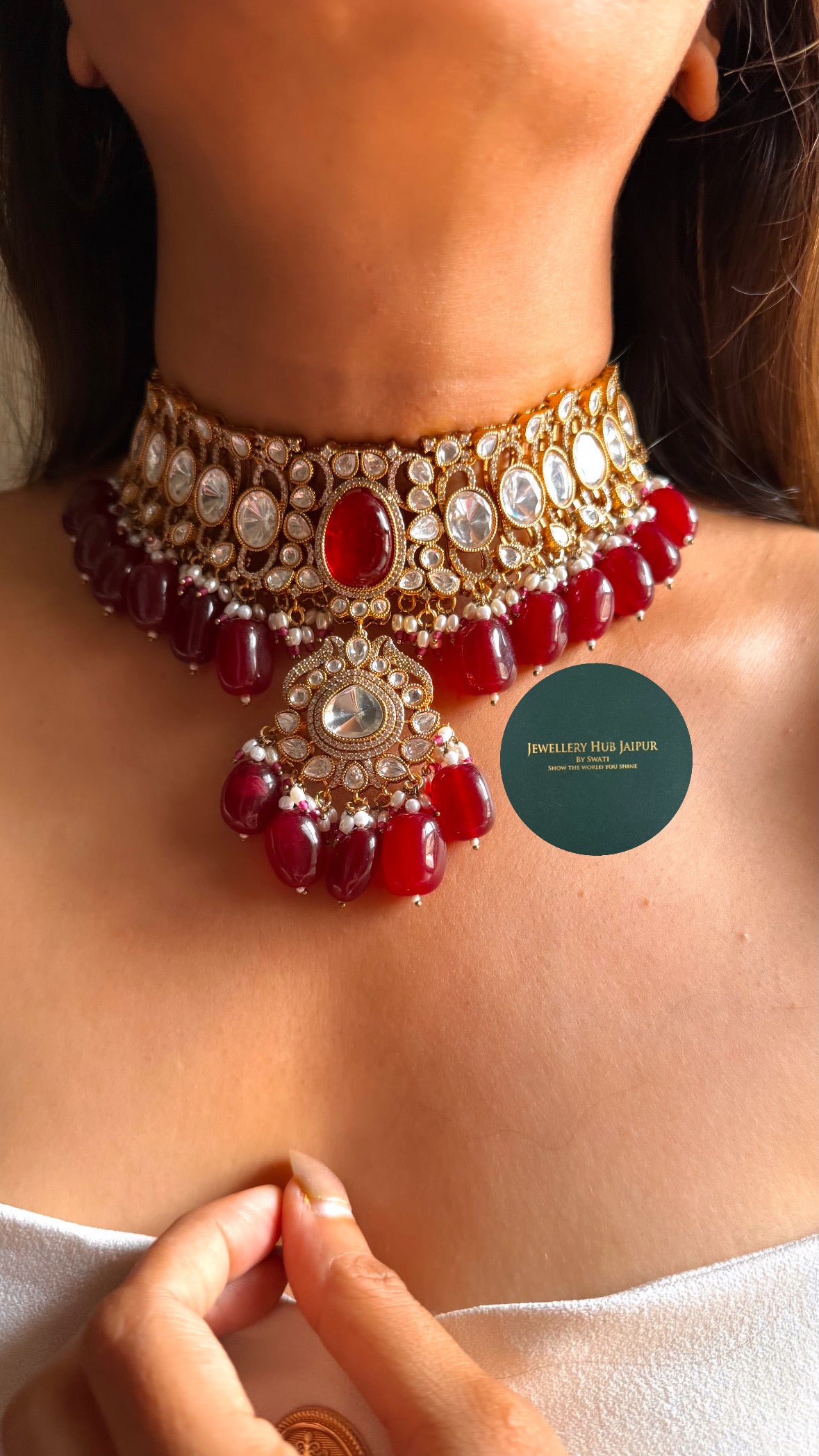 Ruby doublet polki with ruby drops choker set