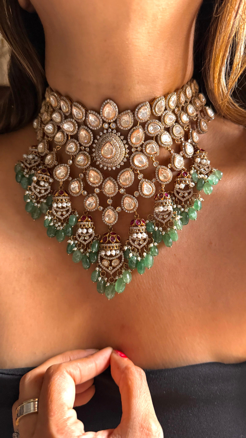 Bridal Asia LV Polki mint drop designer necklace