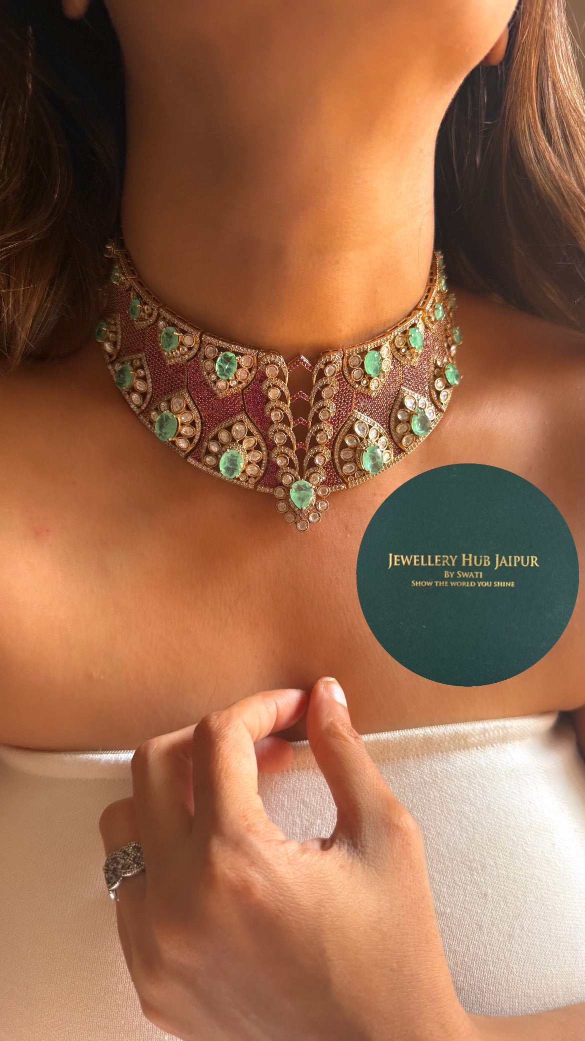 Mint doublet & rani pink moissanite uncut polki choker set