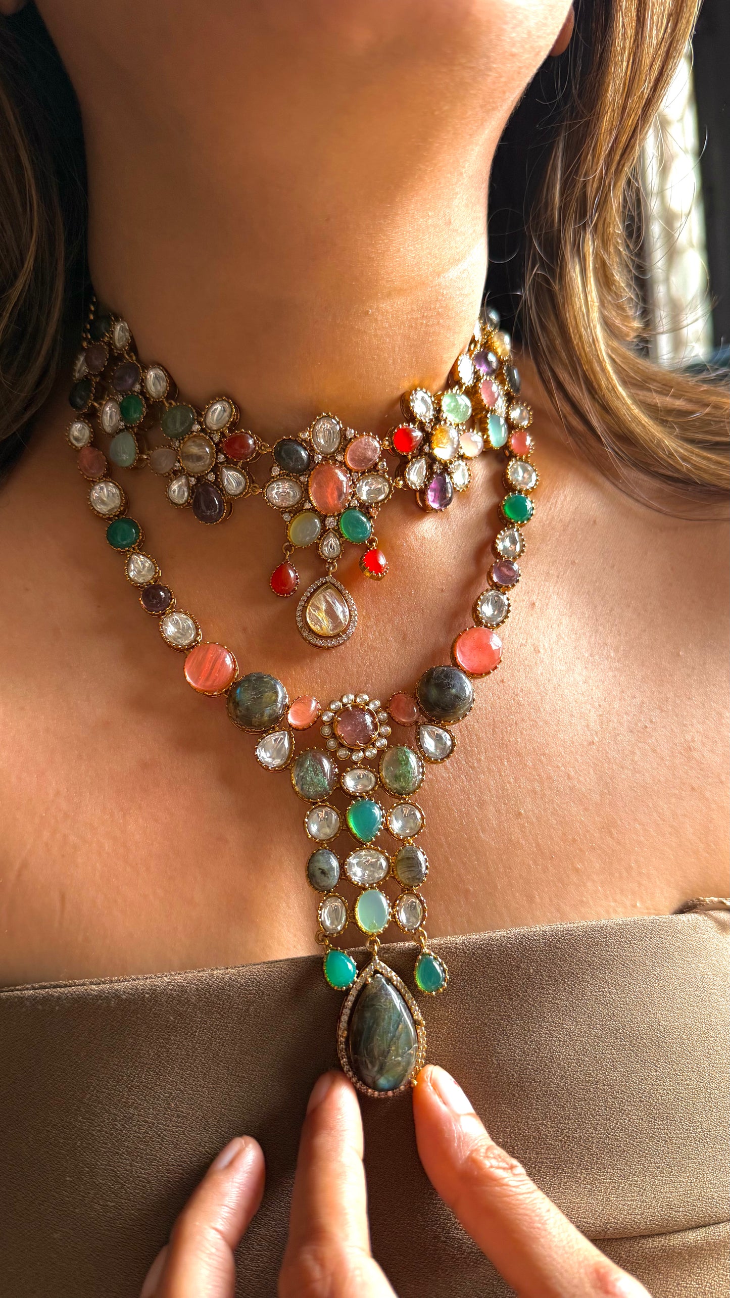 Dual layer sabya inspired gemstone necklace