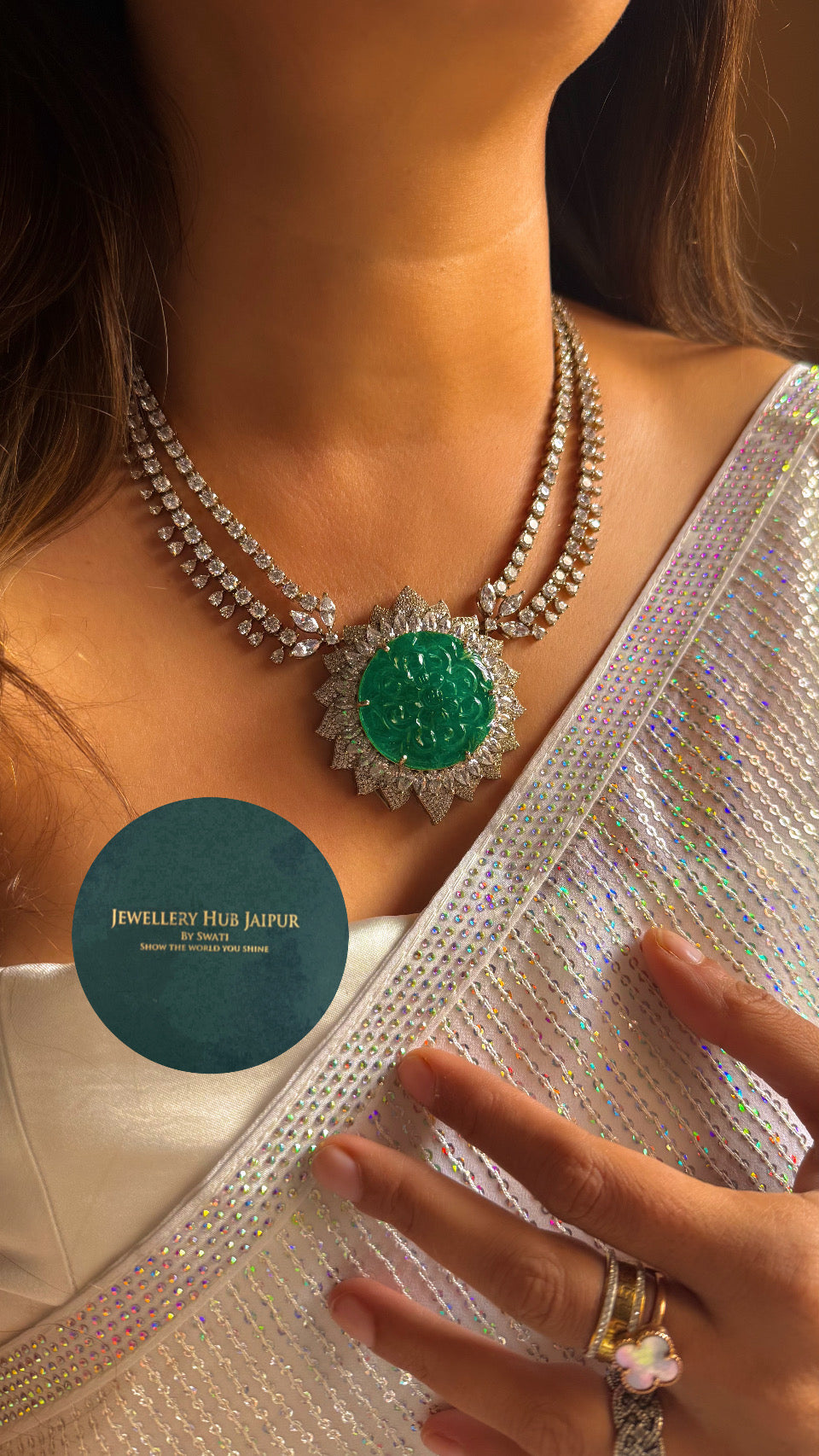 Emerald (engraved) victorian diamond necklace