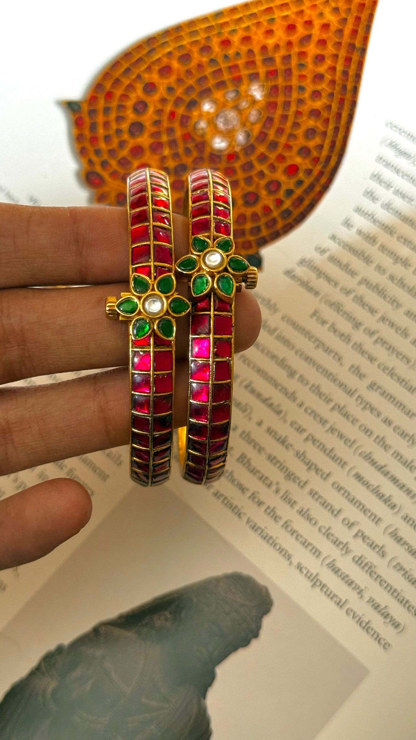 Emerald floral detailing rani pink paachi bangles