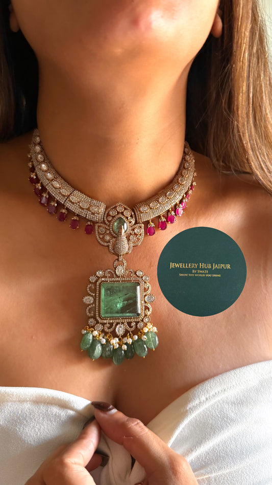 Mint doublet moissanite peacock with rani pink drops set