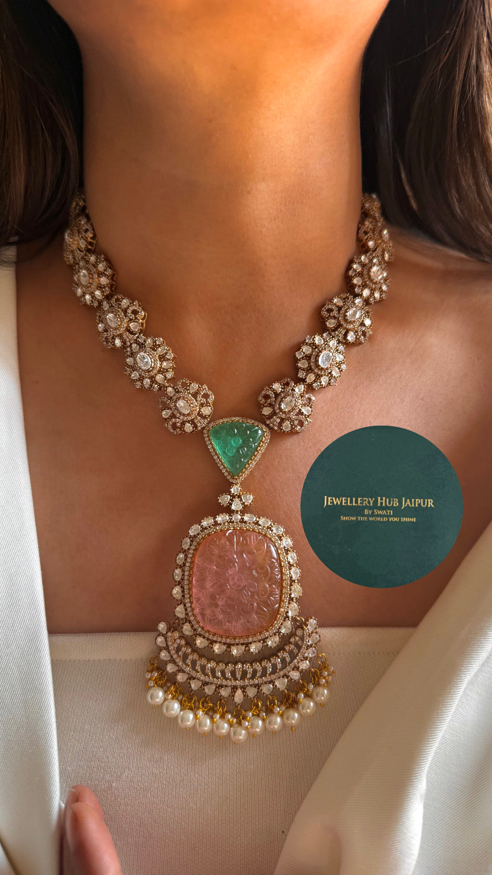 Mint & Rose quartz moissanite mid length necklace