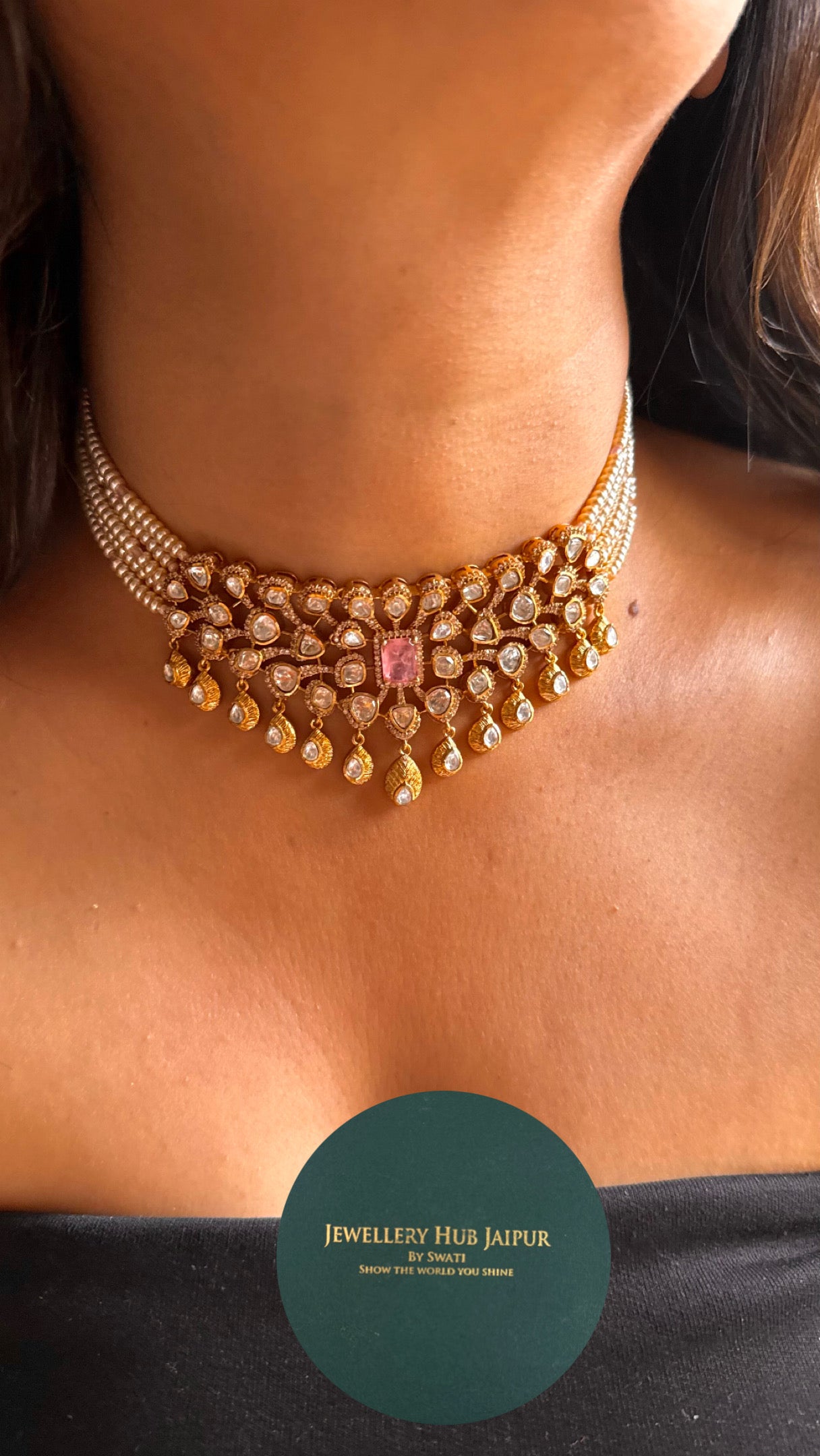 Rose quartz doublet with moissanite polki gold polish Necklace