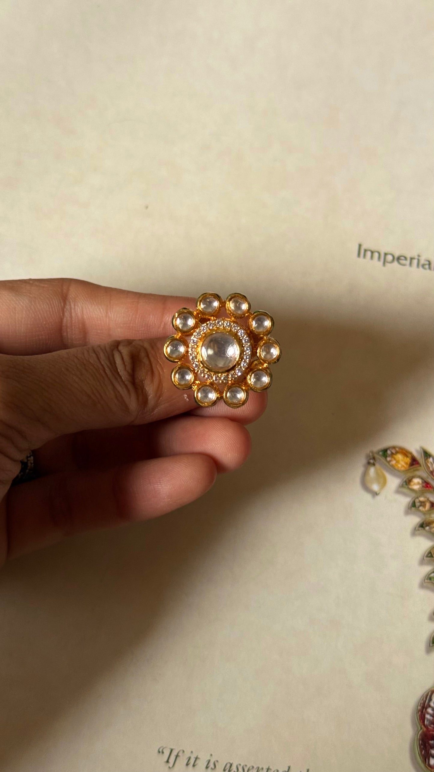 Moissanite polki floral emerald meenakari adjustable ring