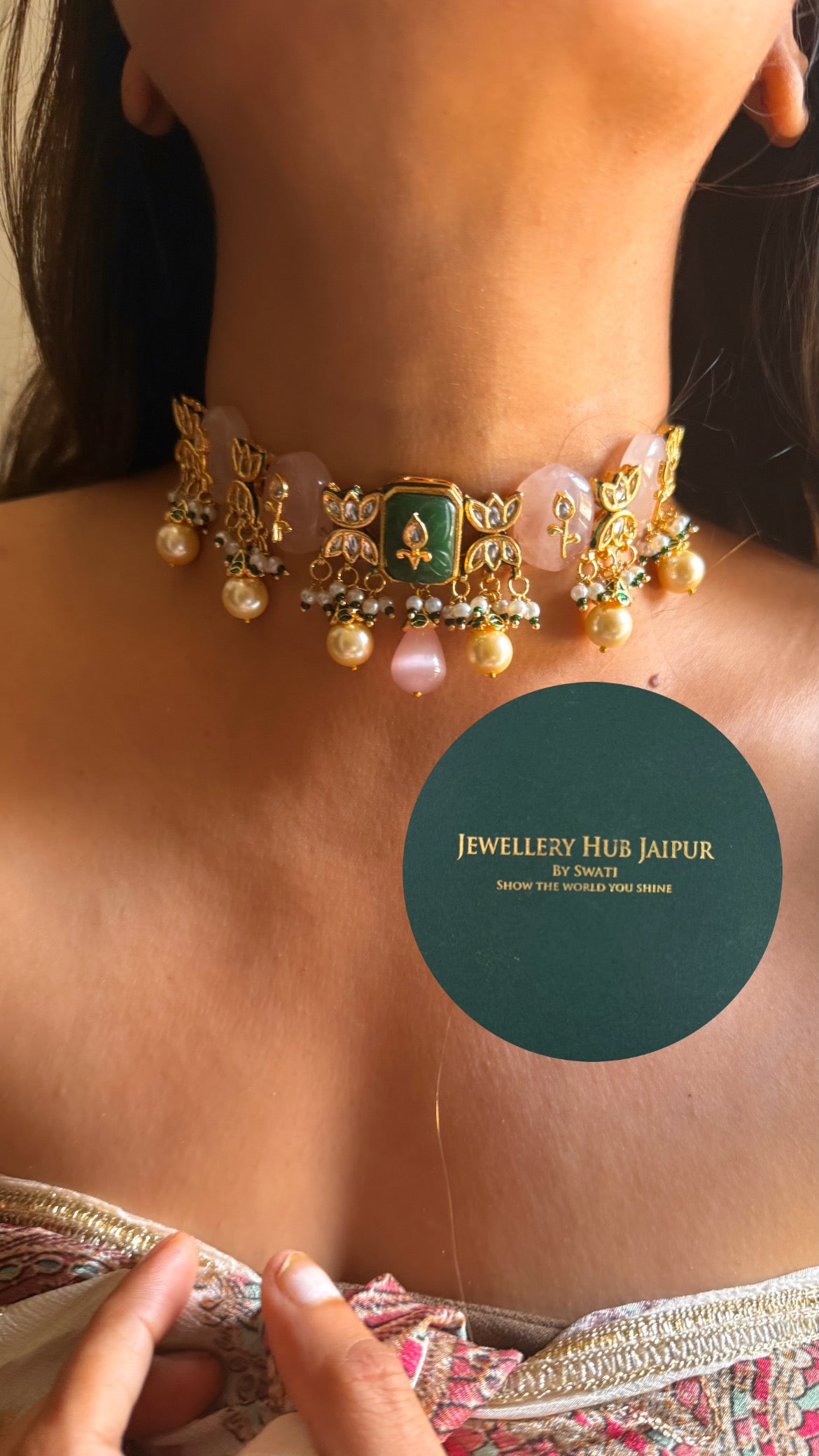 Emerald & rose quartz inlay & emerald meenakari paachi choker set