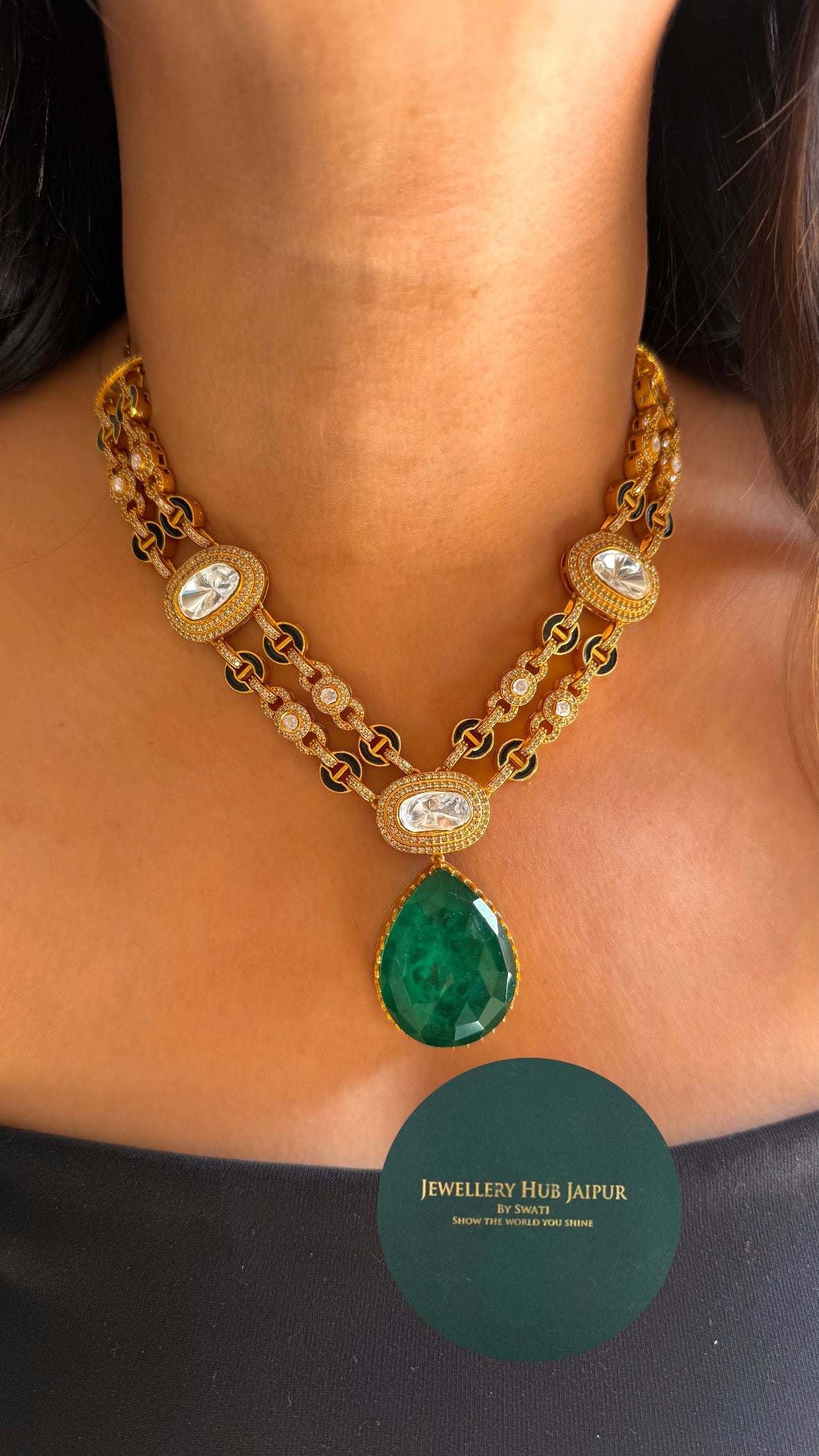 Emerald doublet & black meena cocktail necklace