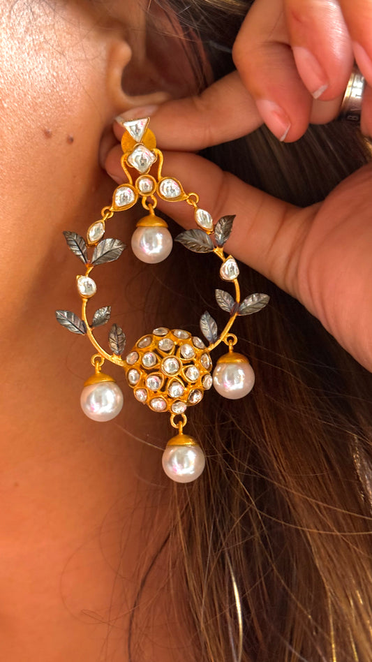24kt Dubai Gold inspired oearl & leaf chandbali
