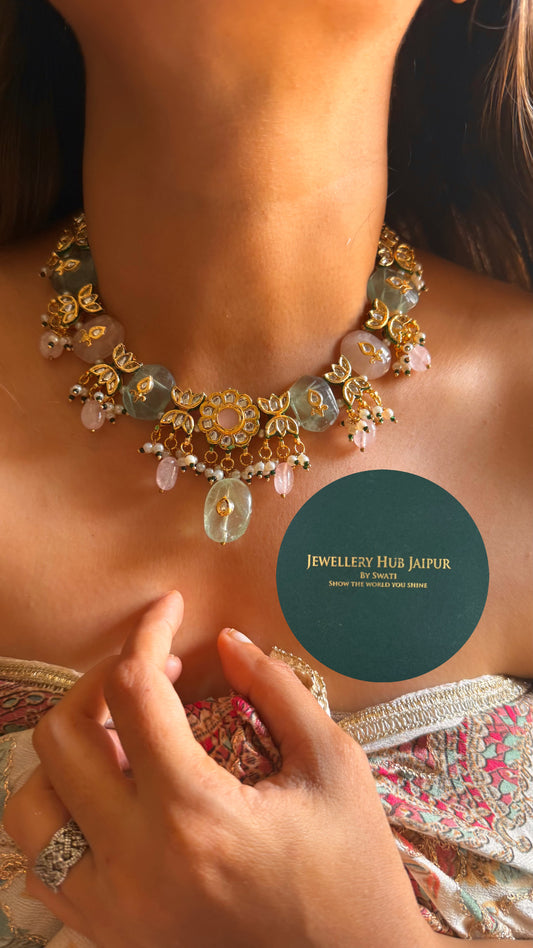 Mint & rose quartz inlay work with emerald meenakari paachi collar set