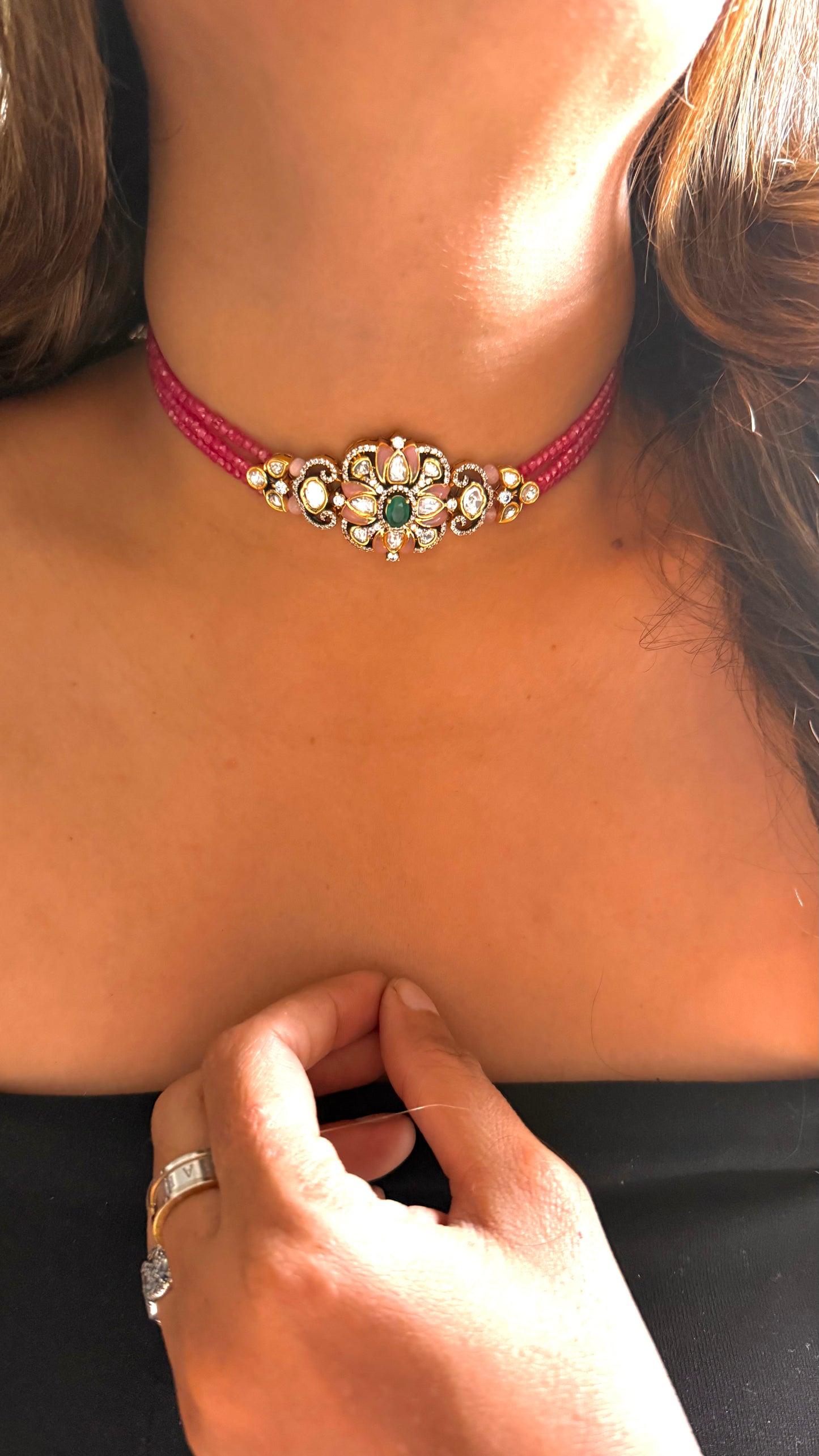 Ruby pink & emerald Moissanite choker