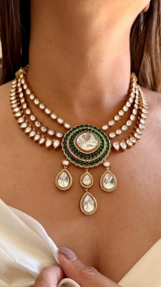 Emerald moissanite polki drop triple layered collar necklace