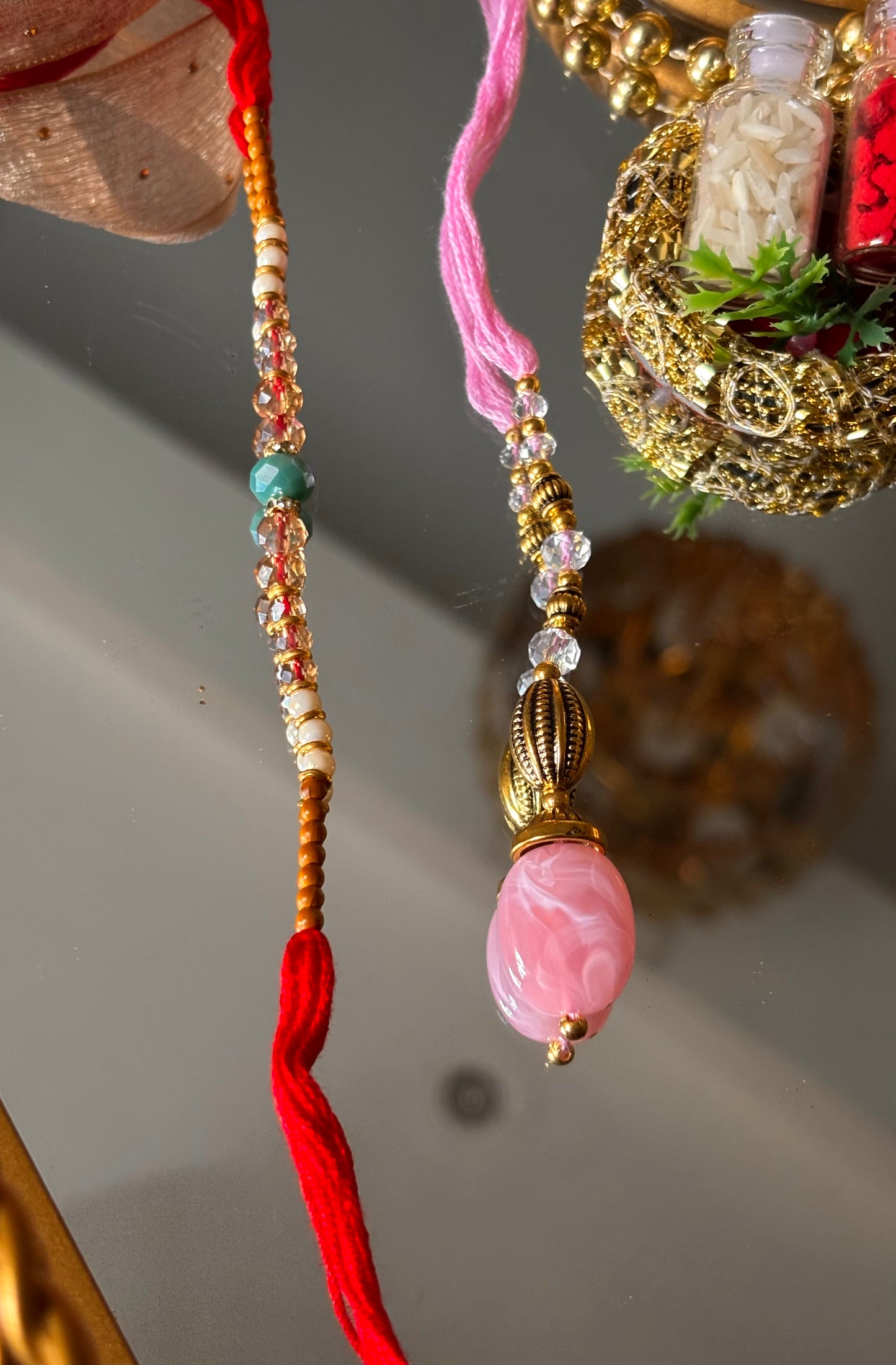 Bhaiya bhabhi lumba rose quarts designer stone oxidised rakhi ( shipping will be extra )