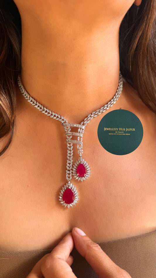 Ruby Diamond dual tear drop collar necklace