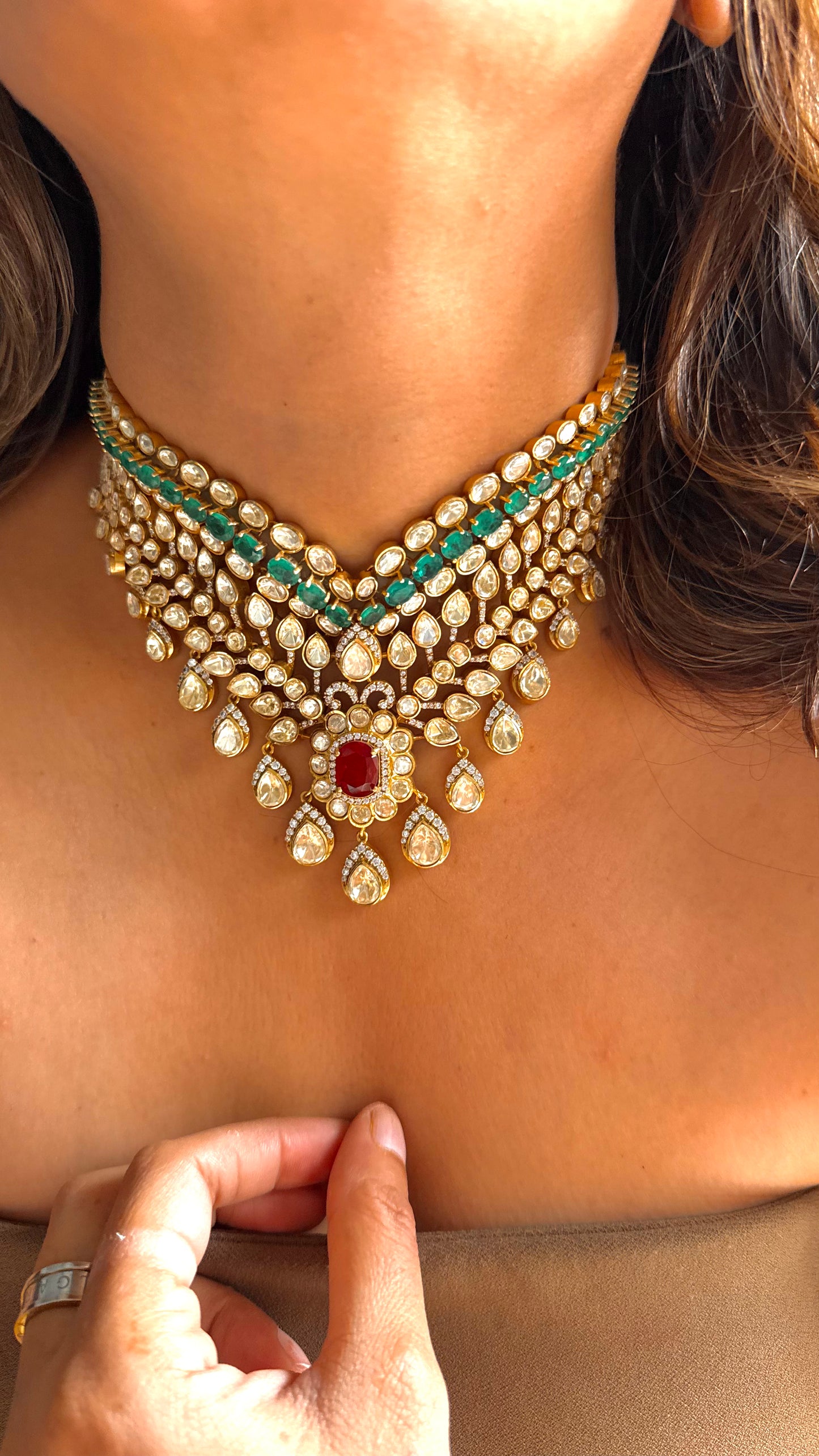 Peeli polki Ruby & Emerald designer Necklace
