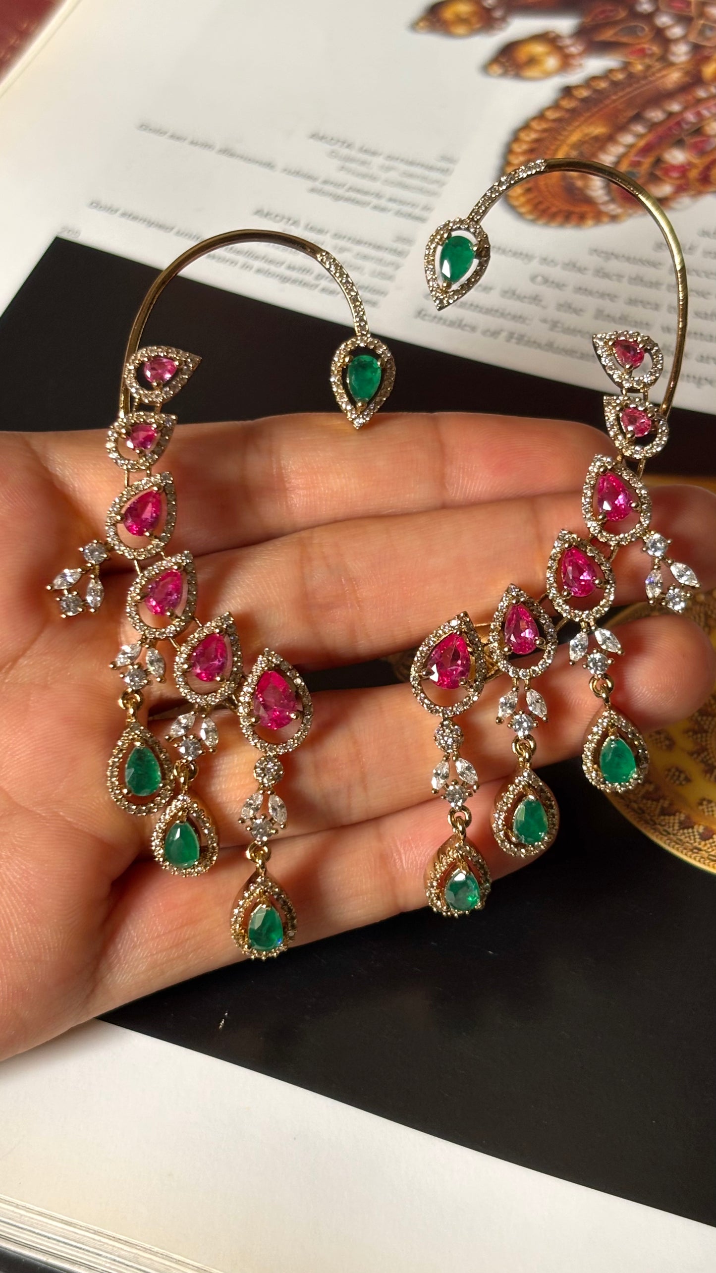 Rani pink & emerald doublets with cz diamond earcuff earrings