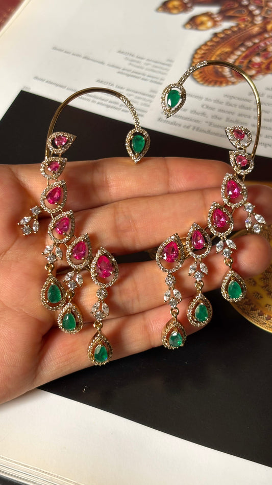 Rani pink & emerald doublets with cz diamond earcuff earrings