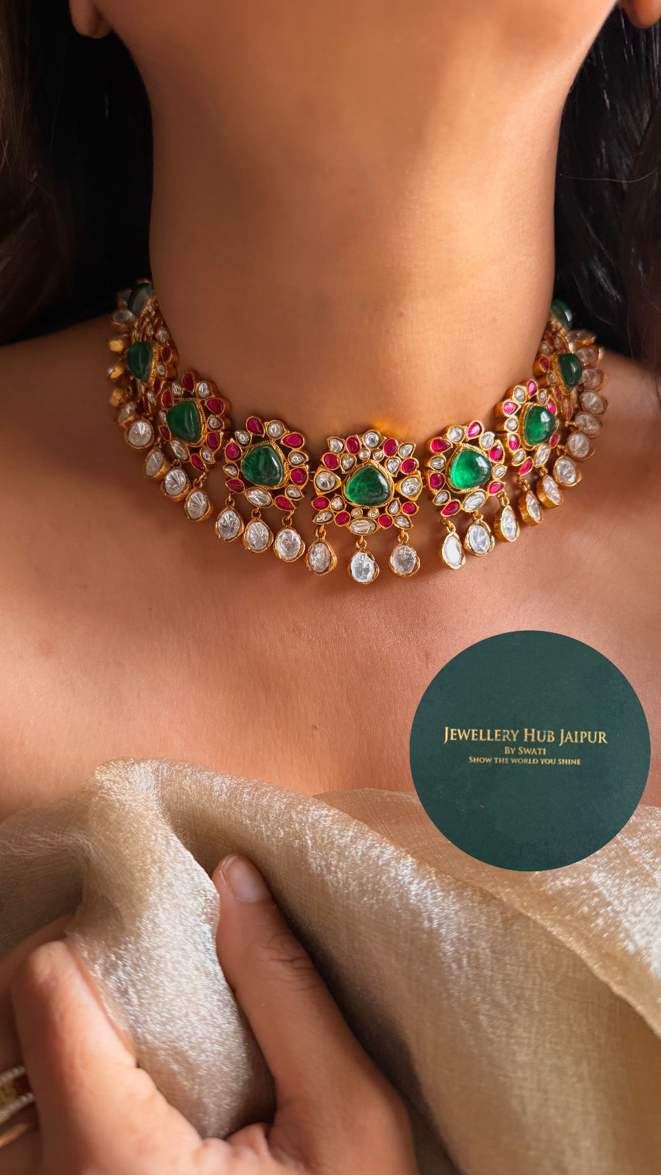Amrapali emerald & ruby polki necklace