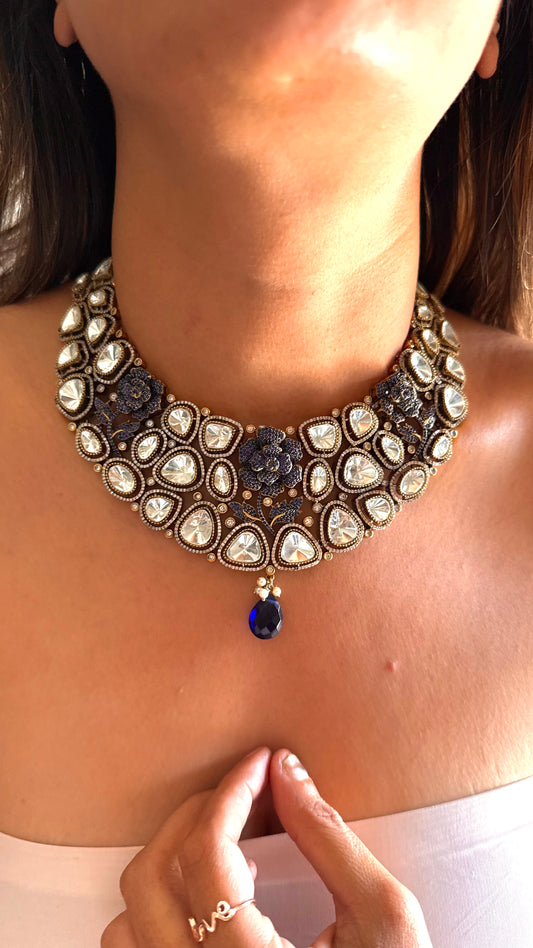 Sapphire rose moissanite polki Victorian designer collar necklace