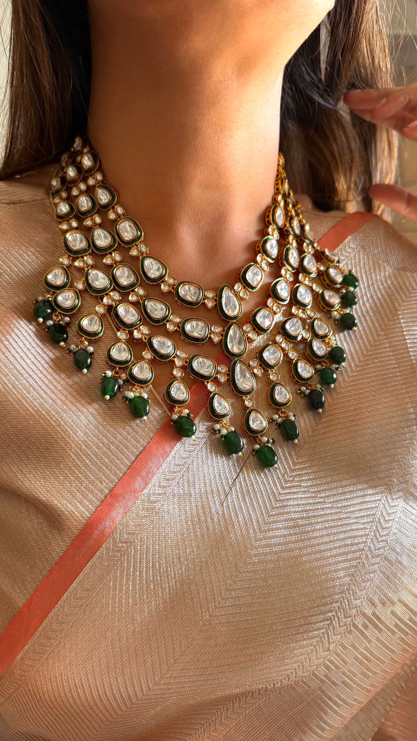 Ankita emerald meenakari polki three layer necklace