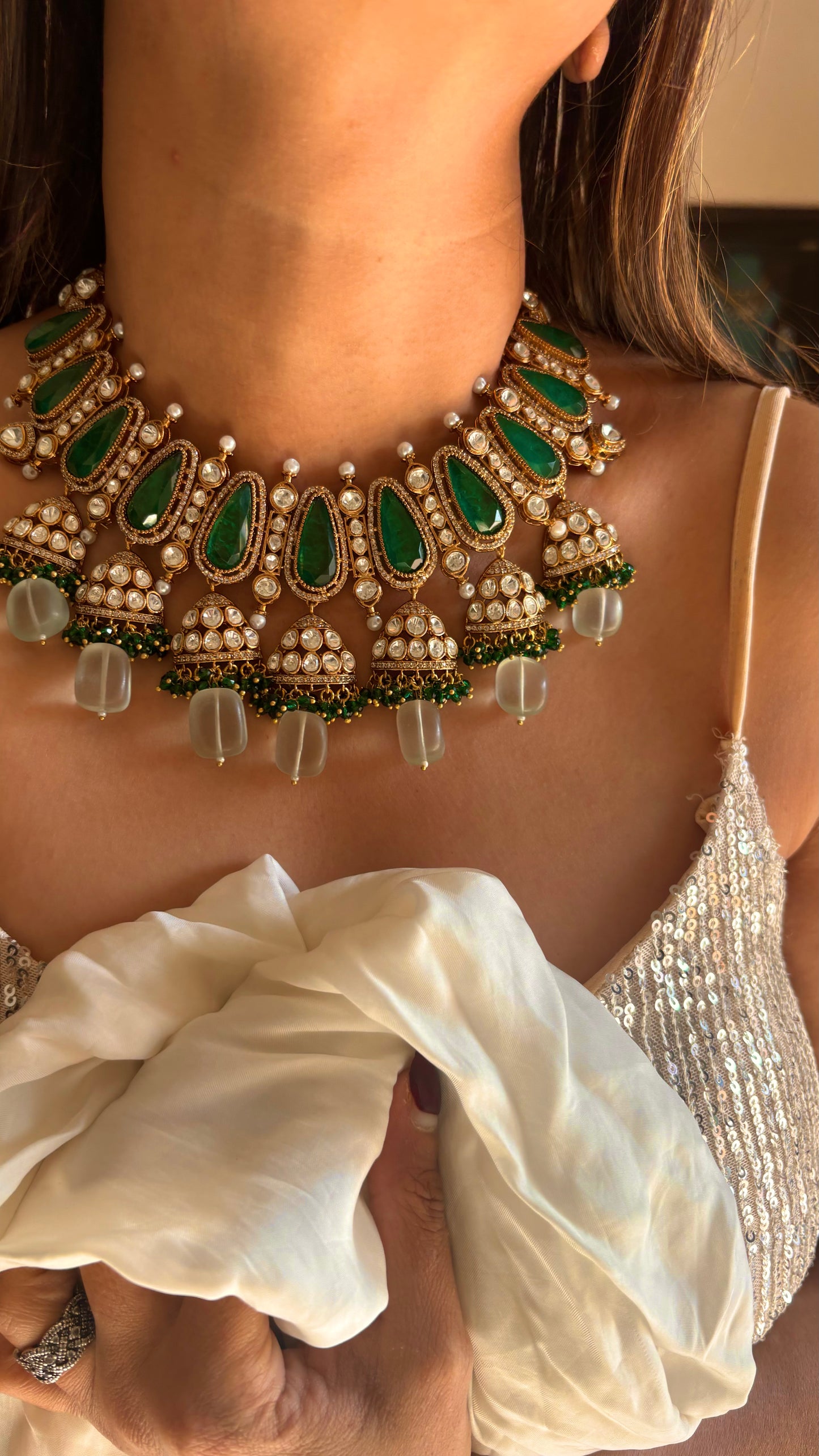 Emerald doublet & mint drop collar necklace