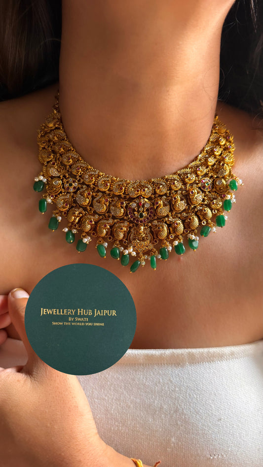 Goddess laxmi & rani pink with emerald drop temple collar set