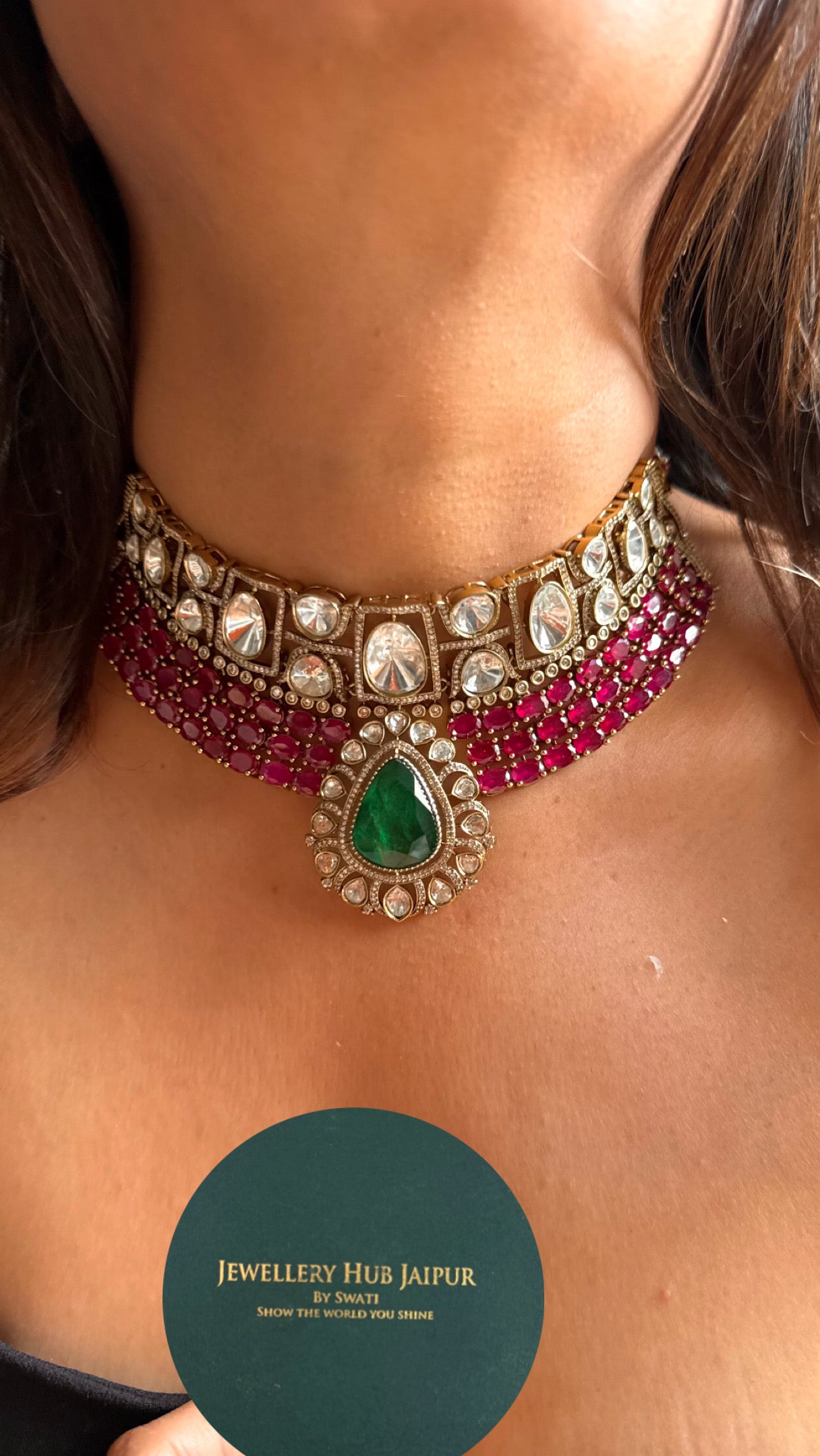 Emerald with Rani pink ruby doublets choker Necklace