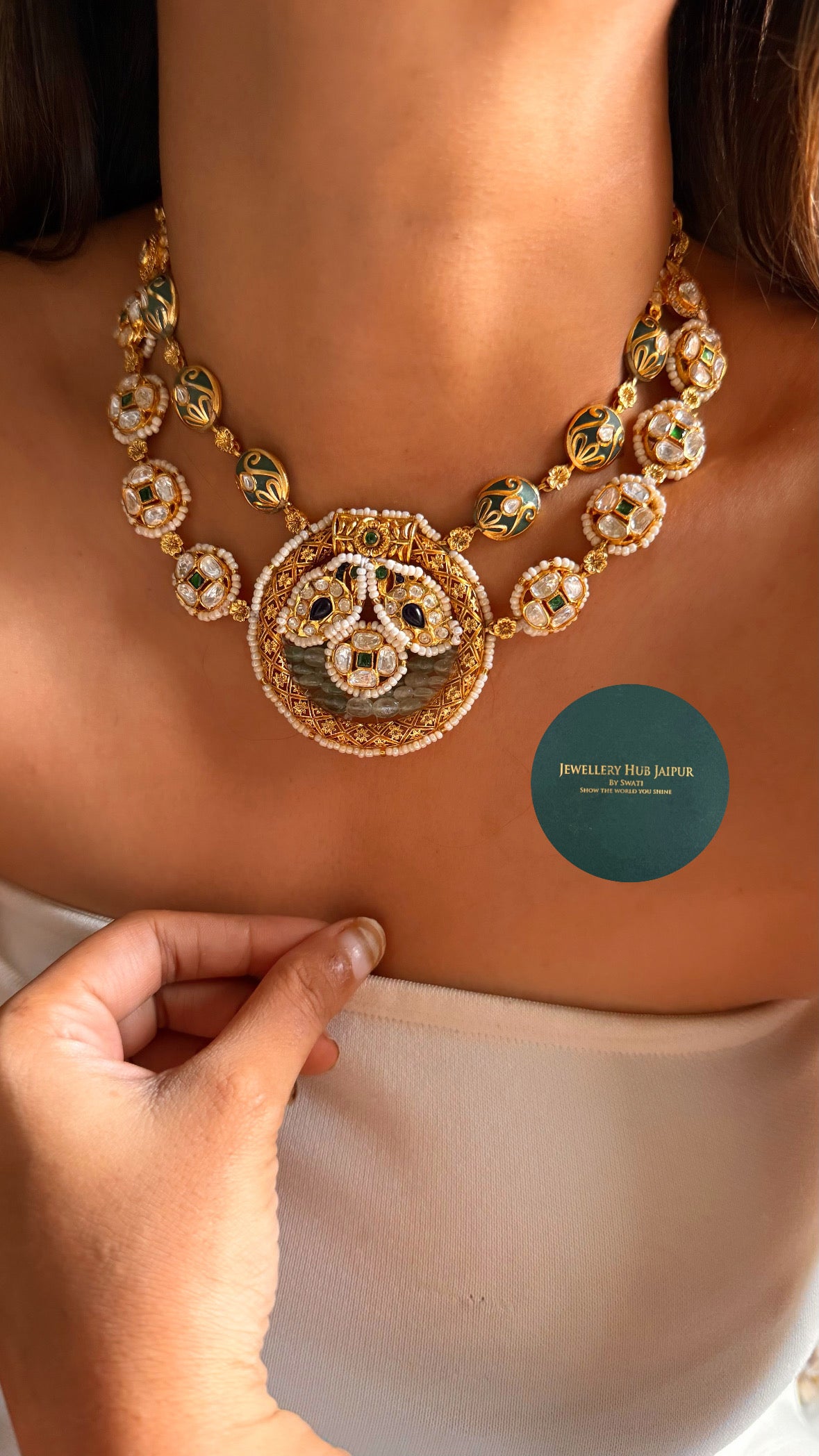 Heritage sapphire & mint inlay with uncut polki double layer collar set